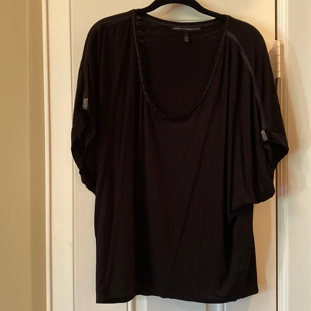 White House Black Market Black Dolman Sleeve Tee Ball Chain Trim Size